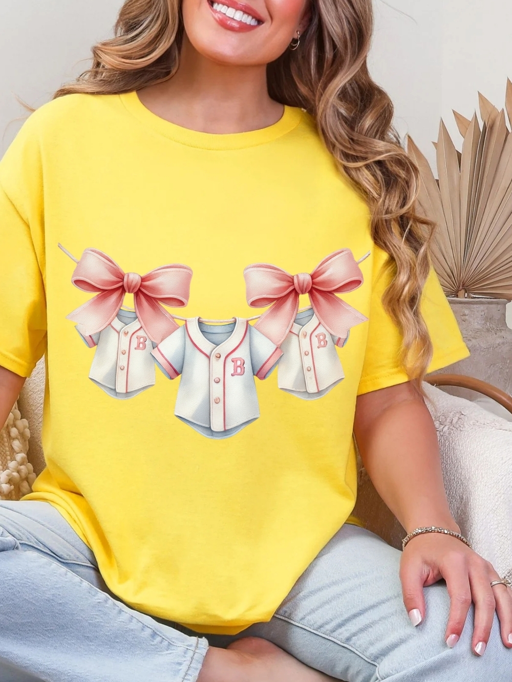 Gildan Yellow Tee with Pink Bow Baseball Shirt Graphic